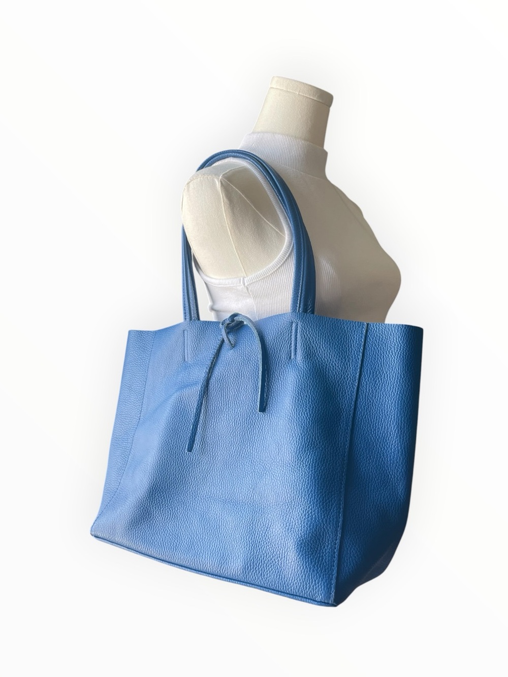 Italian Pebbled Leather Tote Bag Blue Made in Italy Shoulder Carryall